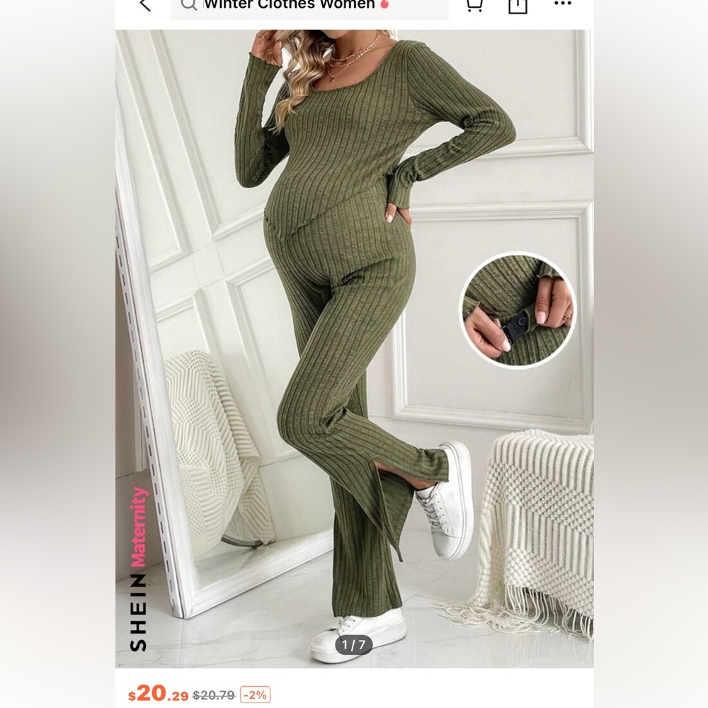 SHEIN Maternity Ribbbed Long Sleeve T-Shirt And Split Hem Loose Fit Pants Set